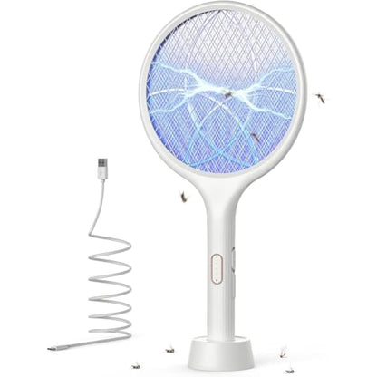 YISSVIC Electric Fly Swatter 4000V Bug Fly Zapper Racket Mosquito Killer 1500 mAh 3 Layers Mesh with USB C Cable Stand Base for Indoor Outdoor