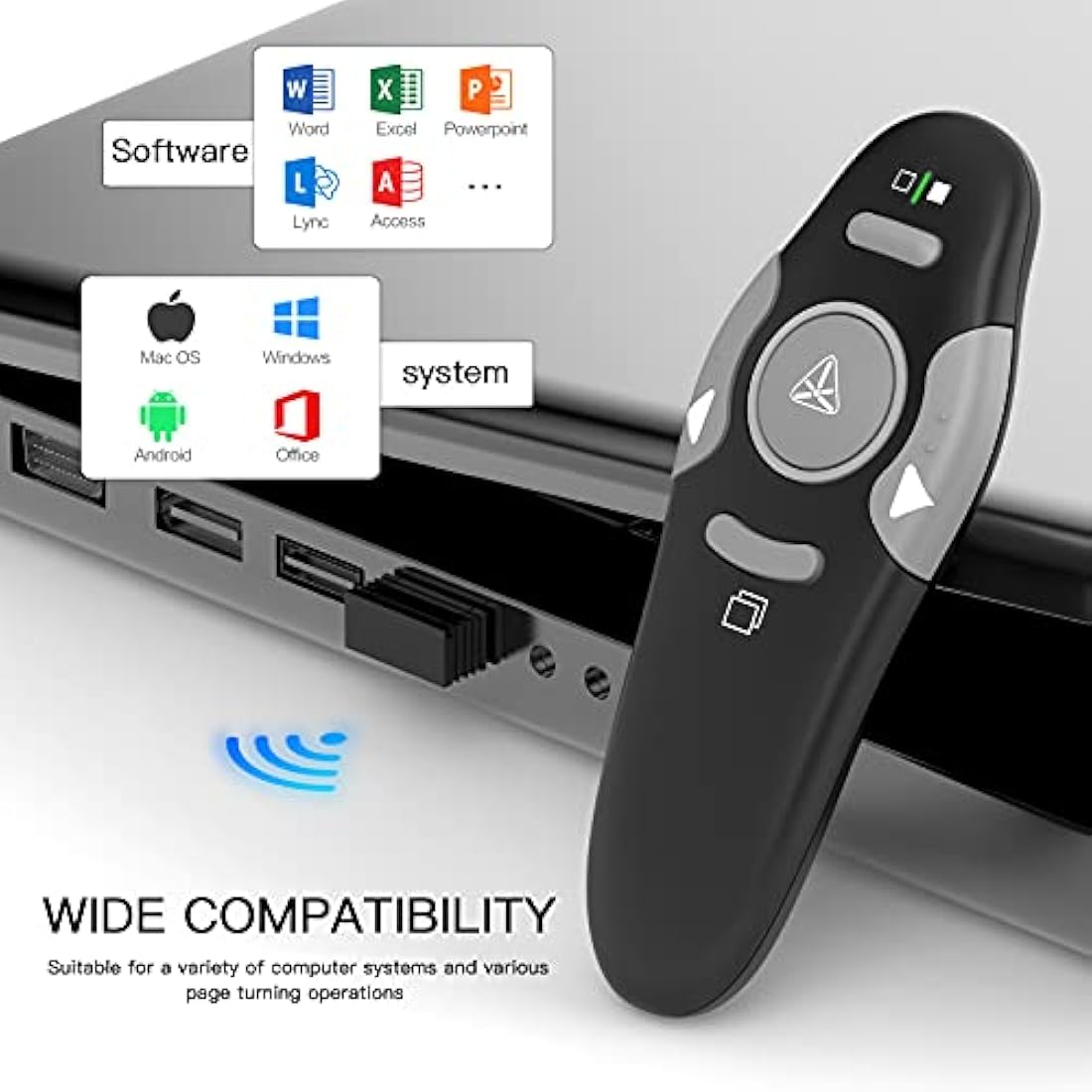 QUI Presentation Clicker Pointer, 328FT Wireless Presenter Remote PPT PowerPoint Clicker, 2.4GHz Presentation Pointer Slide Advancer for Mac, Laptop (Green Function Indicator Light)