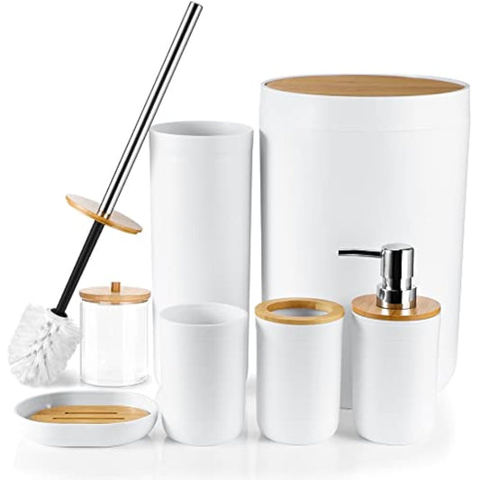 JOTOM 7 Pieces Bamboo Bathroom Accessory Set Luxury Plastic Accessories Qtip Holder Toothbrush Tumbler Toilet Brush Soap Dish Trash Can Dispenser Bath Gift (White) (JQJT1009)