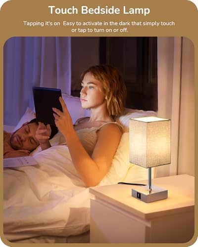 EDISHINE Bedside Lamps Set of 2, 3 Way Dimmable Table Lamps with USB A+C Charging Ports, LED Bulb Included, Touch Lamps for Bedroom, Living Room, GrayLinen Lampshade, 2700K