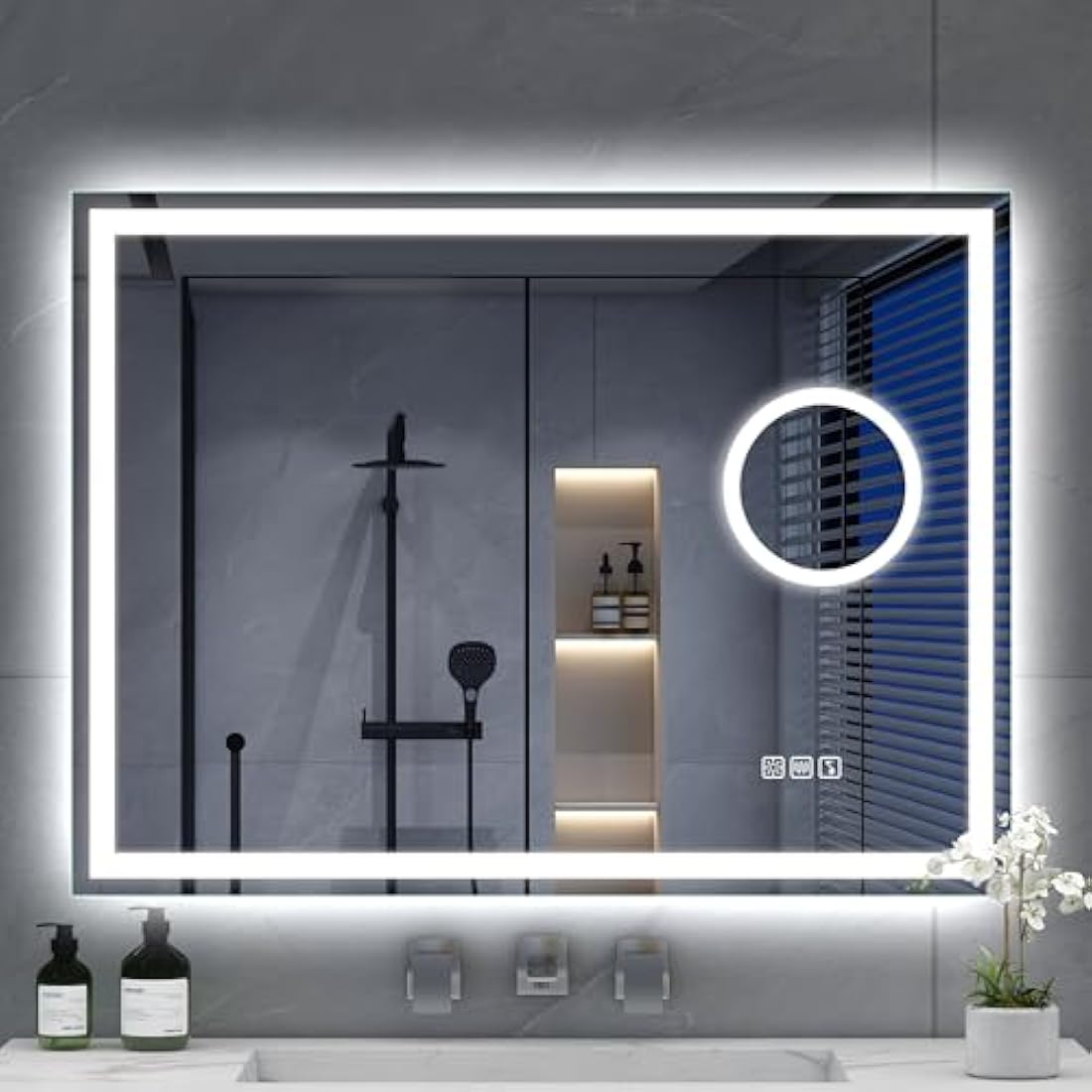 S'bagno Bluetooth Bathroom Mirror with LED Lights 80x60cm, LED Mirror Bathroom with 5x Magnifier, Anti-Fog, 3000-6500K, Dimmable, Memory, HD Tempered Glass, IP44 Waterproof, Horizontal/Vertical