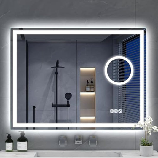 S'bagno Bluetooth Bathroom Mirror with LED Lights 80x60cm, LED Mirror Bathroom with 5x Magnifier, Anti-Fog, 3000-6500K, Dimmable, Memory, HD Tempered Glass, IP44 Waterproof, Horizontal/Vertical