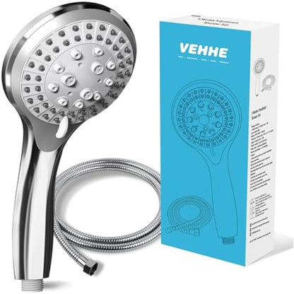 VEHHE Shower Head Powerful Flow with 1.5m Chrome Hose Pressure Boosting Shower Head Spray with 5 Modes Water Saving Bathing for Adults Children Pets Home and Gym Use