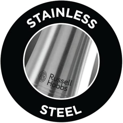 Russell Hobbs Stainless Steel Electric Salt & Pepper Mill Set with adjustable ceramic grinder heads for fine or coarse grinding, Battery operated, Light up during use, One handed operation, 23460-56