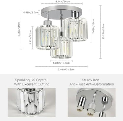 FORCOSO Ceiling Light 3 Lights, Modern Light Shade Crystal Light Fitting, Semi Flush Chandelier Lampshade, E27 Lighting Fixture for Living Room Bedroom Hallway Kitchen Dining Room Foyer Chrome
