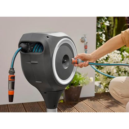 Gardena Patio Hose Box Rollup S: Weatherproof Box with roll-up Technology and 15m Hose, Irrigation of Small Gardens with Patio, Automatic retraction, White (18607-20)