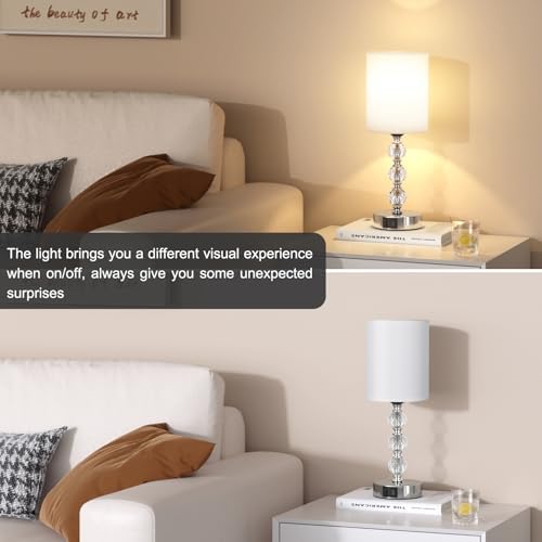 Aooshine Touch Table Lamp, Crystal Bedside Lamps with 3 Way Dimmable, Touch Lamps Bedside with USB C+A Charging Ports, Bed Lamps with White Fabric Shade for Living Room, Bedroom, Dorm(Bulb Included)