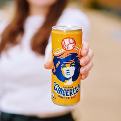 Karma Drinks Gingerella Ginger Ale (250ml x 24 Cans Soft Drink), Organic, Gluten Free Ginger Drink, Natural Ingredients, FairTrade, Vegan Friendly, No GMO, Carbonated Fizzy Drinks 24 Pack