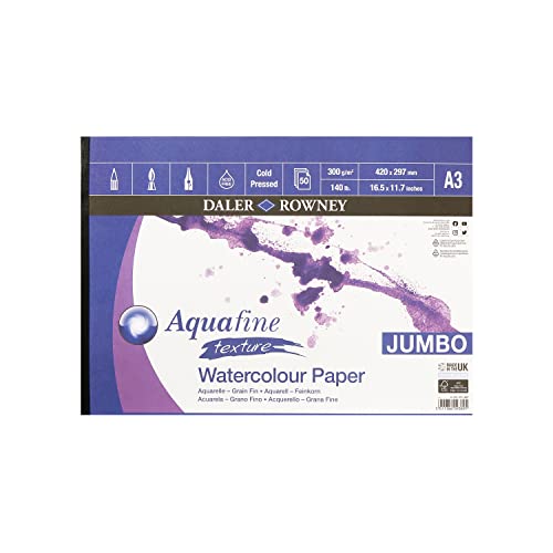 Daler-Rowney Aquafine Textured Watercolour & Gouache Cold-Pressed 300gsm A3 Paper Pad, Glued 1 Side, Natural White, 50 Sheets, For Professional & Beginner Artists & Students, Acid-Free