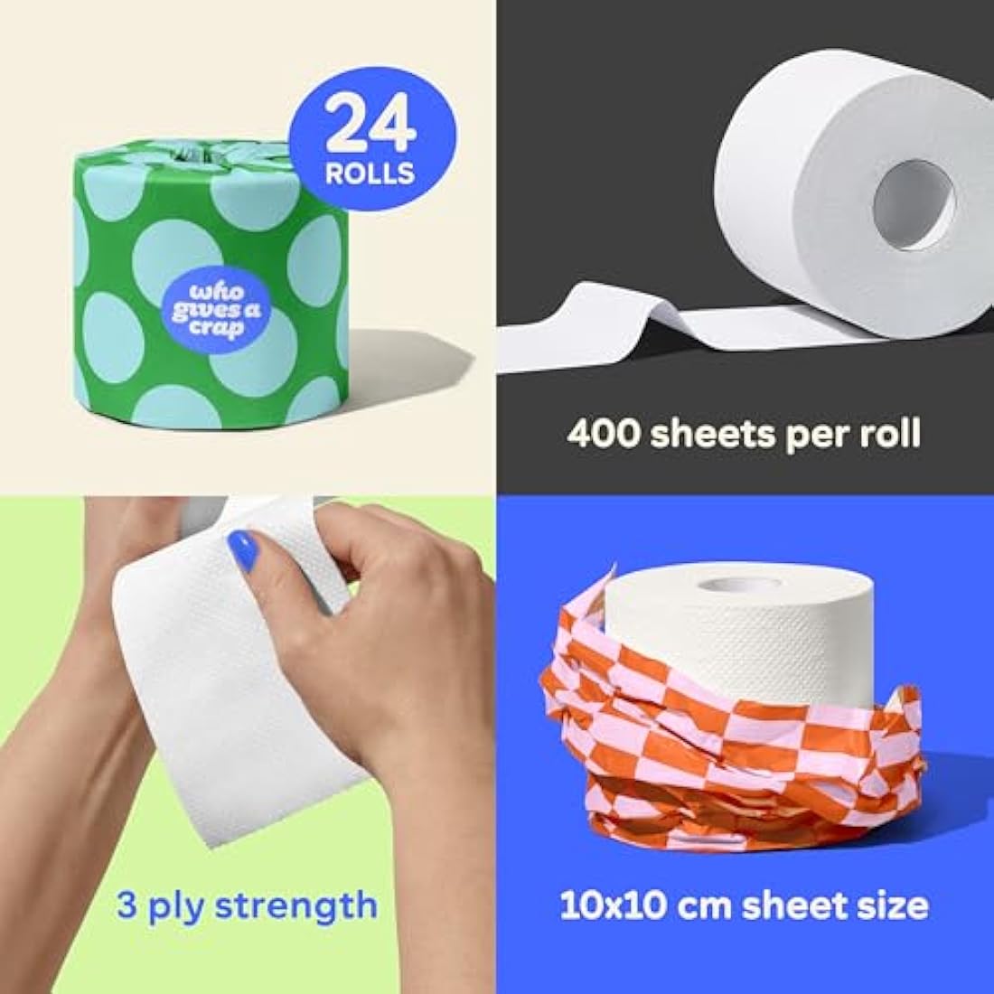 Who Gives A Crap – 100% Recycled, Twice as Long, Toilet Roll, Box of 24 (3-Ply, 400 Sheets-10x10cm) - Soft, Strong, Sustainable