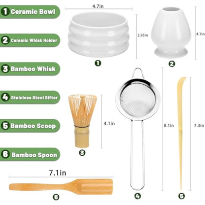 Geebuzz Matcha Whisk Set - Matcha Bowl and Bamboo Matcha Whisk, Scoop, Spoon, Sifter, Whisk Holder, 6pcs Perfect Matcha Starter Kit for Matcha Tea Ceremony (White)