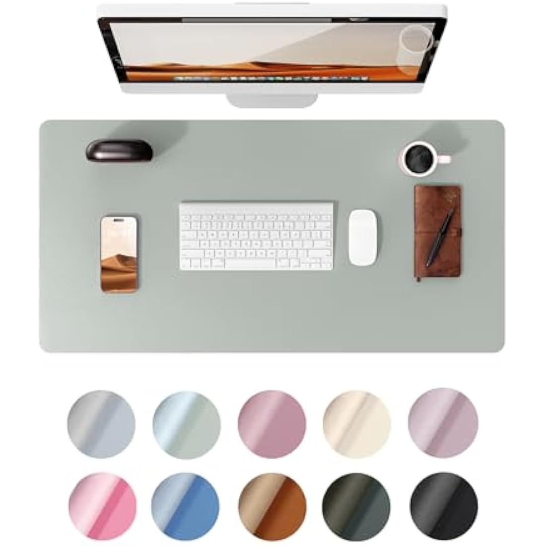 YSAGi Leather Desk Mat, Large Mouse Mat, Non-Slip Desk Pad, Waterproof PU Leather Table Protector Writing Pad for Office and Home (80 x 40 cm, Grayish Green)