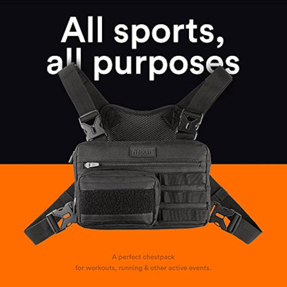 Fitdom Tactical Inspired Sports Utility Chest Pack. Chest Bag for Men with Built-in Phone Holder. This EDC Rig Pouch Vest is Perfect for Workouts, Cycling & Hiking, Black, S, Rig Fit
