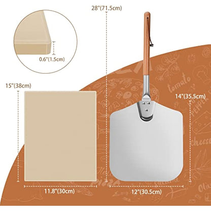Mimiuo Pizza Stone and Peel Set, Square Pizza Stone for BBQ Oven and Grill, 12 x 14 inch Aluminum Pizza Peel Paddle with Long Wooden Handle, 28" Overall