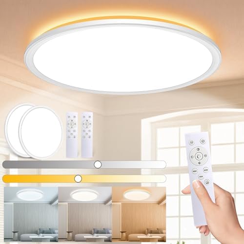 LQIKARL Led Ceiling Light 【2 Pack】 Dimmable Ceiling Light 3000K, 4000K, 6500K 10 Level Brightness Adjustment, 24W 3000Lm Flush Led Ceiling Lights with Remote Control for Bathroom Bedroom Kitchen