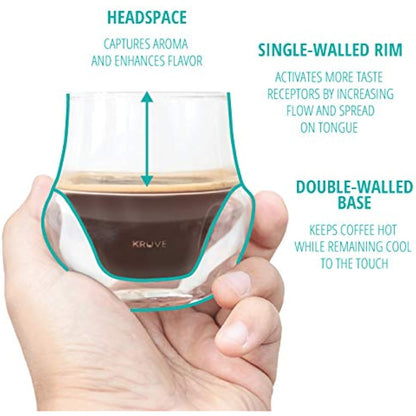 KRUVE Propel Espresso Cups, Handmade Double-Walled Glass Coffee Mugs, Clear 2.5 oz, Scientific Design for Better Tasting Coffee (Set of Two) - Unique Glass Coffee Cups with Headspace & Internal Fins
