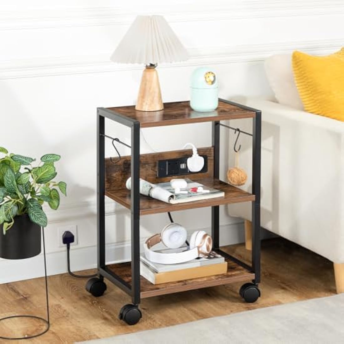 MAHANCRIS 3-Tier Mobile Printer Table, Printer Stand with Power Outlets and USB Ports, Home Printer Shelf with 2 Hooks, for Office and Living Room, Rustic Brown (42 x 28 x 60 cm) APTHR40KE01