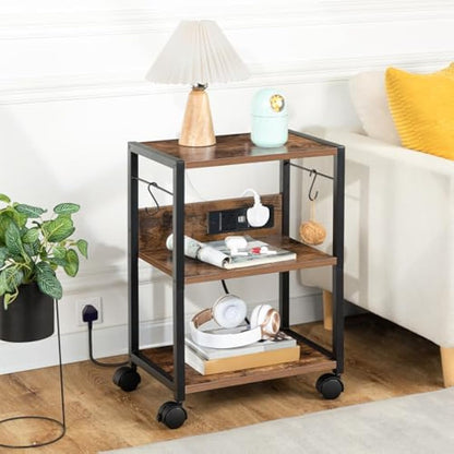 MAHANCRIS 3-Tier Mobile Printer Table, Printer Stand with Power Outlets and USB Ports, Home Printer Shelf with 2 Hooks, for Office and Living Room, Rustic Brown (42 x 28 x 60 cm) APTHR40KE01