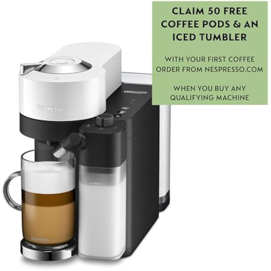 Nespresso Vertuo Lattissima Coffee Machine by De'Longhi for Vertuo Coffee Pods, Latte, Cappuccino, Integrated Milk Frother, Starter Capsule Set Included, ENV300.W, White