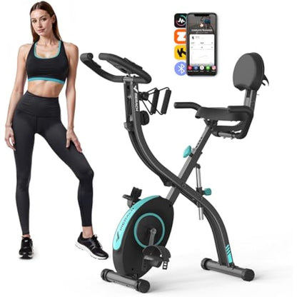 MERACH 4 in 1 Foldable Exercise Bike with Exclusive APP for Customizable Exercise Plans, 16-Level Magnetic Resistance Folding Stationary Exercise Bike, 300lbs Capacity and Comfortable Seat Cushion
