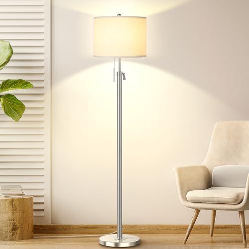 Floor Lamp,Floor Lamps for Living Room,Silver Modern Standing Lamp with Lampshade,3 Colors Temperature,Height Adjustable,Standard Lamps for Living Room Bedroom Office(9W Bulb Included)