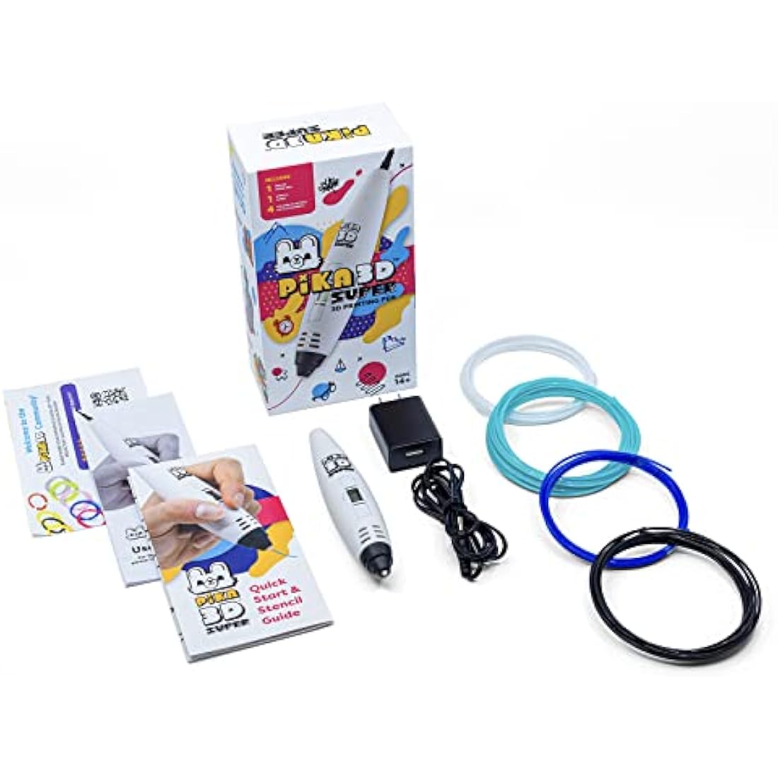 PIKA3D Super 3D PRINTING PEN - Includes 3D Pen, 4 Colors of PLA Filament Refill with Stencil Guide and User Manual, White
