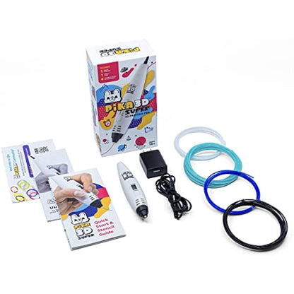 PIKA3D Super 3D PRINTING PEN - Includes 3D Pen, 4 Colors of PLA Filament Refill with Stencil Guide and User Manual, White