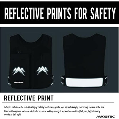 AMOSTEC Running Phone Holder Vest, Original Zip Front Reflective Running Vests with 500ml Hydration Bottle, 5 Pockets for Cards, Keys, Towels, Adjustable Waistband & Breathable Materials, Men & Women
