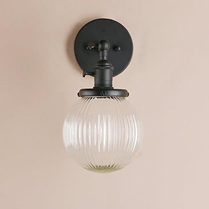 PathsOn 15cm Industrial Modern Vintage Retro Wall Lights, Loft Bar Kitchen Sconce Lights Lamp Fixture with Ribbed Globe Clear Glass Light Shade (Black)