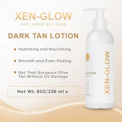 XEN-GLOW Dark Self Tanning Lotion - Hydrating Olive Self Tan for Face & Body – Fast drying Dark Fake Tan Lotion with Vitamin C, Vitamin E, & Aloe Extract, Long lasting & Streak free Application, 236ml