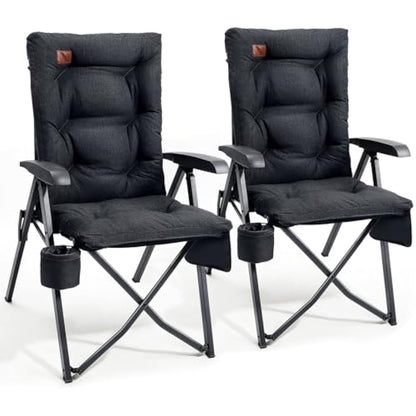 EVER ADVANCED Luxury Camping Chairs 2 Set for Adults Heavy Duty High Back Oversized Folding Garden Chair Comfy Padded 6cm Loadable 150kg Cam Adjustable Dining Chairs 4-Position Recliner Black