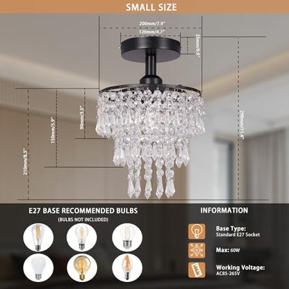 FRIXCHUR Mini Crystal Chandelier Ceiling Light Hallway Black Ceiling Lighting Fixture 3 Tiers Crystal Raindrop Flush Mount Chandeliers for Bedroom Kitchen Dining Room