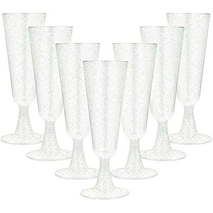 JMIATRY 100 Pcs Plastic Champagne Flutes, 160ml/5.6oz Multi-Use Champagne Flutes Reusable, Plastic Flutes Great for Wedding, Christmas, Birthday Party and Daily Use, Silver Glitter