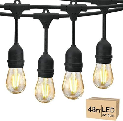 Svater Outdoor String Lights LED 15m, S14 48FT Festoon Lights Mains Powered with 15+1 2W Plastic Bulbs, IP65 Waterproof Garden String Lights for Patio Party Wedding, 2700K Warm White