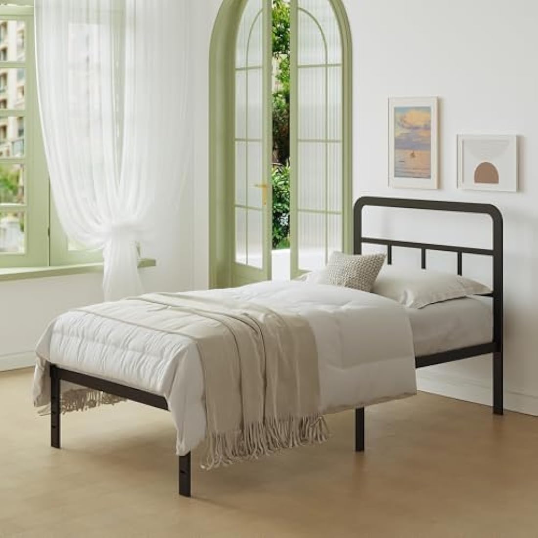 Lutown-Teen Small Single Bed Frame 2ft 6 with Curved Headboard, Heavy Duty Black Metal Bed Frames with Steel Slats, Small Single Beds 36 cm High, Ample Storage Underneath, Noise Free, Easy Assembly
