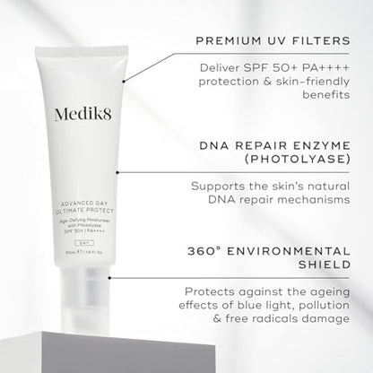 Medik8 Advance Day Ultimate Protect - SPF 50+ Age-Defying Moisturiser with Photolyase SPF 50+ PA++++ - Hydrating & Non-Greasy UV Protection - With Age-Defying DNA Repair Enzymes - 50ml