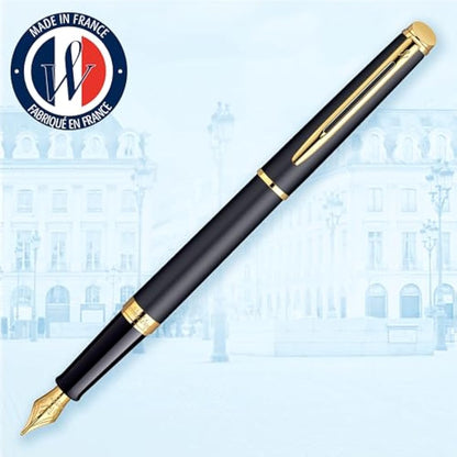 Waterman Hémisphère Fountain Pen | Matte Black with 23k Gold Trim | Medium Nib | Blue Ink | Gift Box