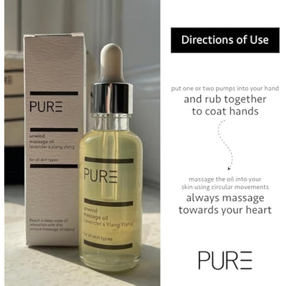 Unwind Body Oil by PURE Spa Skincare - Aromatic Blends of Lavender & Ylang Ylang - 100ml - Helps Reduce Stress & Anxiety and Improves Sleep - Body, Bath, Hair & Massage Oil - 100% Natural and Vegan