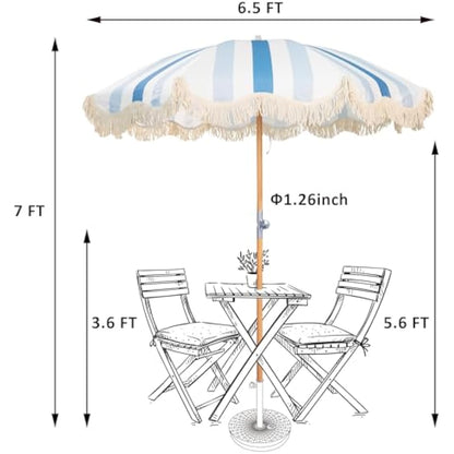 Mansader 2M Garden Umbrella Parasol Tilting Premium Wood Pole UPF 50+, Portable Garden Parasols with Tassels for Outdoor Patio Lawn Pool Yard