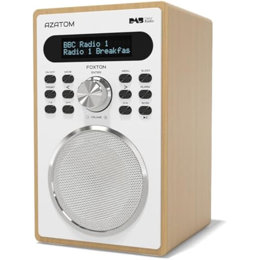 DAB/DAB+ & FM Digital Radio | Simple Controls | Dual Alarms & Sleep Timer | Mains Powered | Bluetooth | USB Device Charging | Perfect for Home, Office or Outdoors | AZATOM Foxton FX2 (Oak)