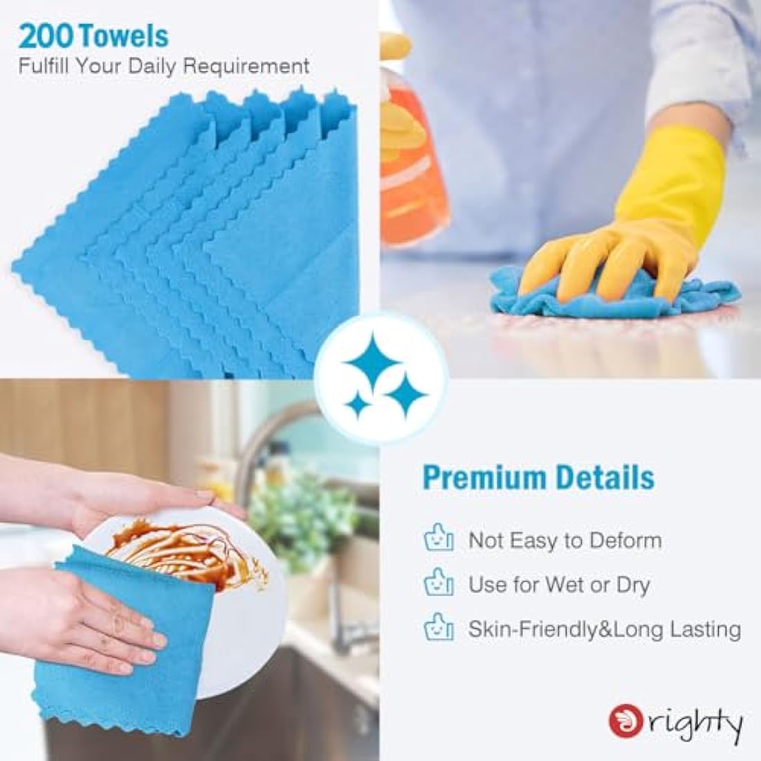 Orighty Cleaning Cloths, Shop Towels 200 Pack, Shop Rags Reusable, Microfiber Cleaning Rags Bulk for Cars, Multi-Purpose Lint Free Towels for Automotive, Mechanic, Kitchen, 29.2 x 29.2cm, Blue