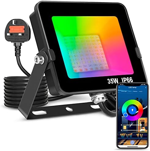ausyde LED Floodlight Outdoor or Indoor 35W Smart RGB Colour Changing Flood Lights Bluetooth APP Control IP66 Waterproof dimmable Atmosphere Light for Decorative Stage Landscape Garden, UK 3 pin Plug