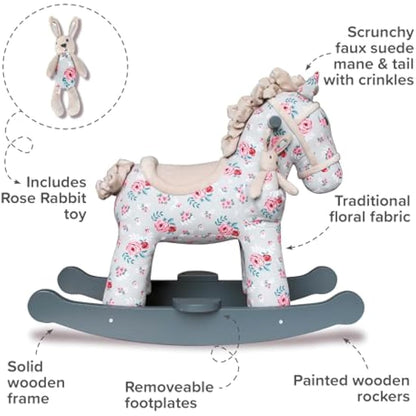 Little Bird Told Me - Lily & Rose Rocking Horse for Baby/Toddler 9+ Months Unisex - Grey & Pink Floral Printed Fabric, Solid Wooden Frame & Rockers, Removable Plush Toy - British Brand Since 2007