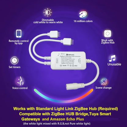 32.8ft ZigBee LED Strip Lights Dimmable Ambiance Smart RGB LED Kit Directly Work with Echo Plus for Alexa Voice Control LED Lights,Work with Hub