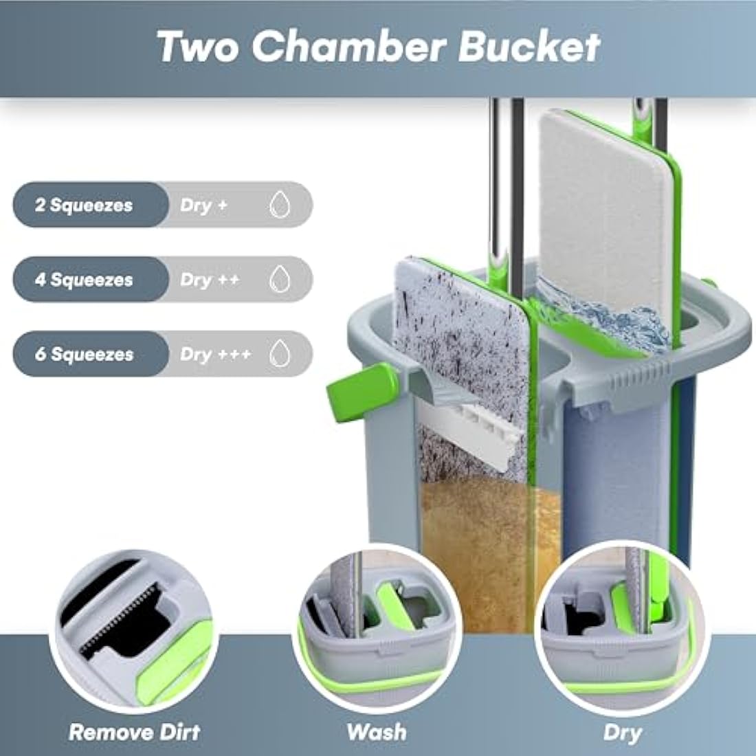 Mop and Bucket Set - Easy Gleam Floor Flat Mop with 2-Chamber Bucket - Microfibre Pads and Stainless Steel Handle - Compact and Lightweight for Efficient Cleaning - Green