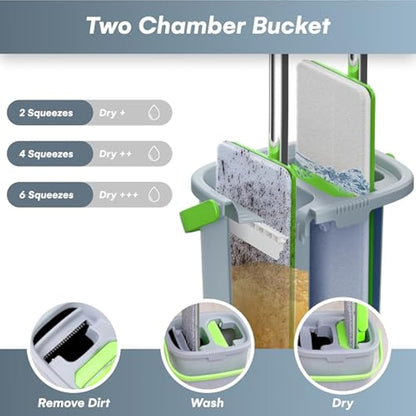 Mop and Bucket Set - Easy Gleam Floor Flat Mop with 2-Chamber Bucket - Microfibre Pads and Stainless Steel Handle - Compact and Lightweight for Efficient Cleaning - Green