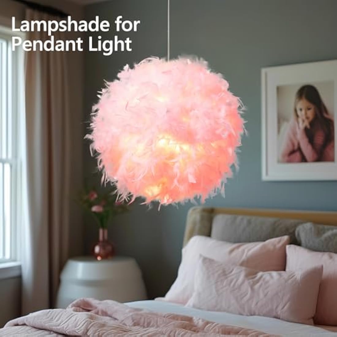 Waneway 50cm Feather Light Shade for Ceiling Pendant Light, Fluffy Lamp Shade Lampshade Lightshade for Table Lamp and Floor Lamp, Bedroom, Living Room, Wedding or Party Decor, ID 40cm, OD 50cm, Pink