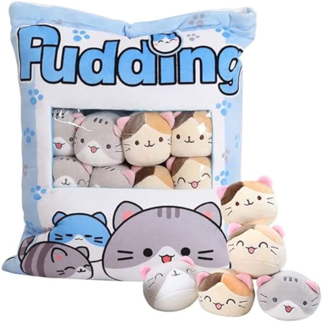 HXPLN Cute Snack Pillow Cat Plush Pillow, Pudding Cat Pillow with Kitty Dolls, Removable Stuffed Animal Toys Creative Gift for Teenagers, Girls, Children (8 Blue Kittens)