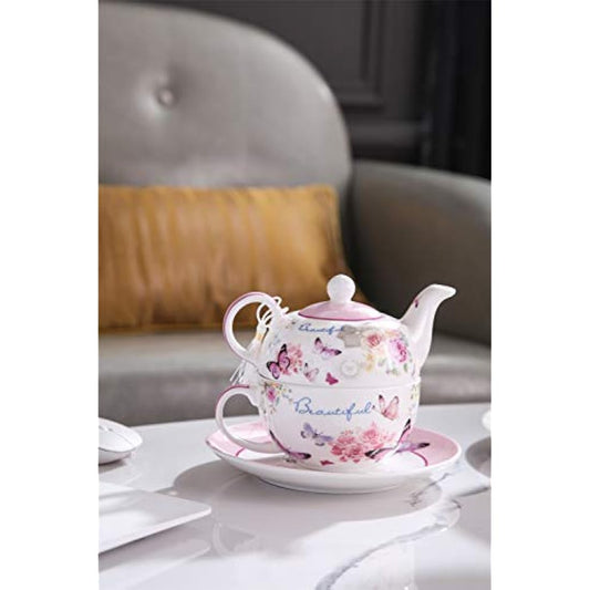 Tea for One Teapot Cup suacer Set Vintage Flora Rose Lavender Porcelain Gift Box (Butterfly Rose)