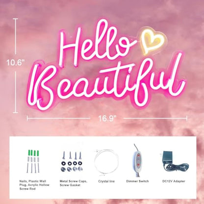 Pink Hello Beautiful Neon Sign with Soft White Heart - 43×27cm Dimmable 3-Level, Stable Neon Light for Girls Bedroom, Aesthetic Night Light with Ambient Glow, Cute Room Decor for Teens